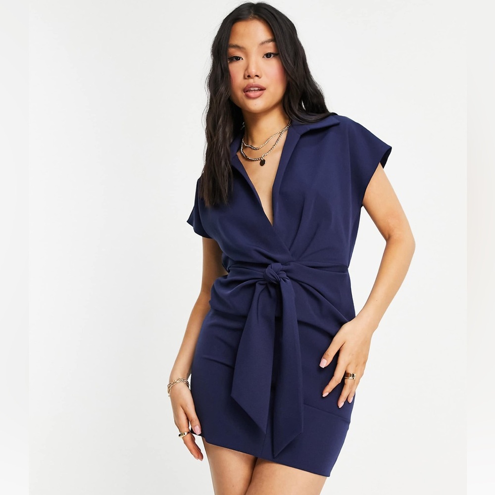 ASOS DESIGN Petite collared wrap front mini dress with knot in navy